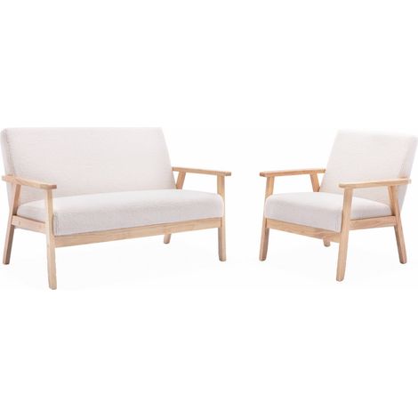 sweeek - Set Sessel und Sitzbank aus Hevea-Holz mit Bouclé-Bezug