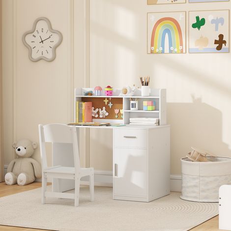 Set Scrivania e Sedia per Bambini con Ripiani, Armadietto, Cassetto e Bacheca, Set Tavolo e Sedia per Bambini 3-12 Anni, Banco Scuola per Ragazzi in Legno per Cameretta, Sala Studio, Bianco