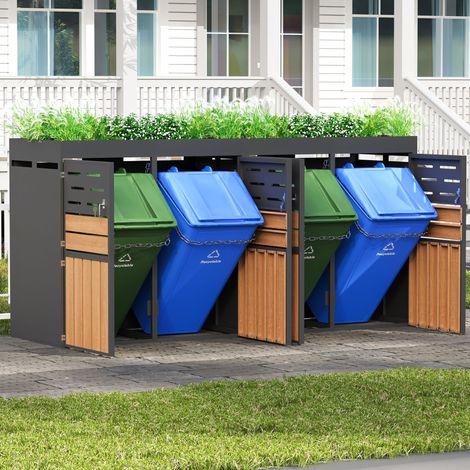 Armoire extérieure multifonction avec bac à plantes intégré, ventilation à lamelles, 4 compartiments séparés, cadre en acier galvanisé et chaîne de sécurité – rangement et déco jardin (sans poubelle) (1/5)