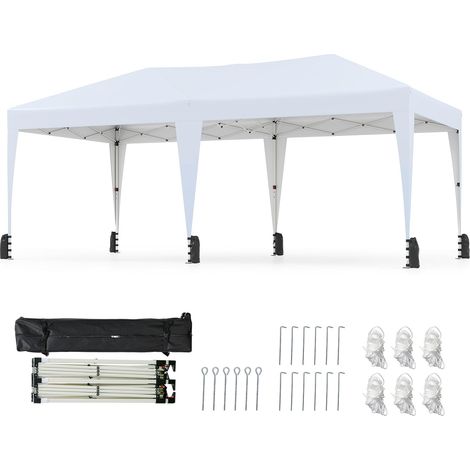 GOPLUS Tonnelle Jardin Exterieur Pliant 3 x 6 M pour 6-8 Personnes, Tente de Reception Pliable Impermeable Revêtement Argenté, Protection Solaire, Sac roulettes Inclus (3x6MBlanc) (1/5)