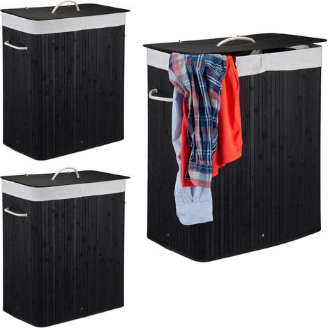 3x Cesto Portabiancheria Rettangolare con Coperchio, 95 L, Organizer con 2 scomparti, Pieghevole, in Bambù, Nero (1/5)