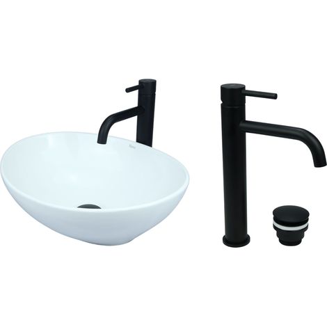 GTM Design Aufsatzwaschbecken 41 cm Glanz Set mit Waschtischbatterie und Stopfen - Aufsatzwaschbecken Oval für Badezimmer - Modern Waschbecken ohne Hahnloch - Waschbecken mit Armature (1/5)