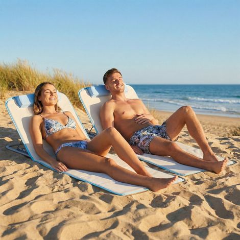 Transat de plage, chaise longue, chaise longue de jardin, pliable, dossier réglable, poche latérale, 48 cm x 134 cm x 33-43 cm, beige