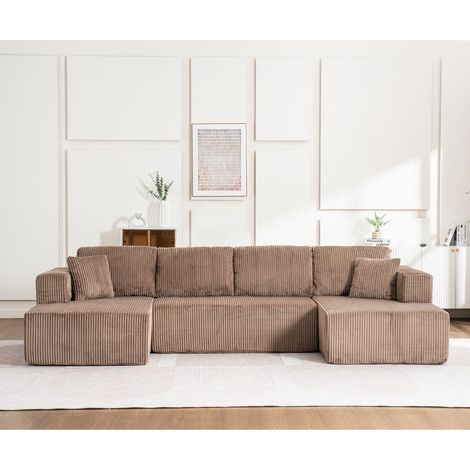 Sofá esquinero en U 332 x 156 x 88 cm - Modular seccional sin montar, mullido y confort XXL con 6 cojines - Terciopelo acanalado marrón (1/5)
