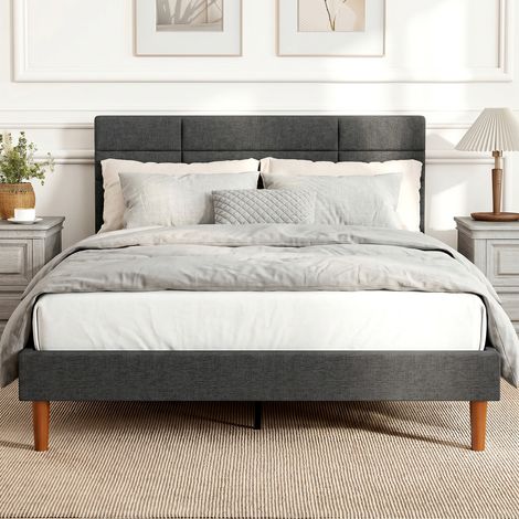 Cadre de Lit 140 x 200 cm avec Sommier Bois, Lit Double Rembourré en Effet Lin, Rangement au-dessous, Sans Bruit, Gris (1/5)