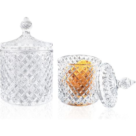 Set of 2 Clear Diamond Crystal Glass Candy Jars, Candy Buffet Storage with Crystal Lid, Cookie Jars and Decorative Cookies for Gift (300ml+600ml) (1/5)