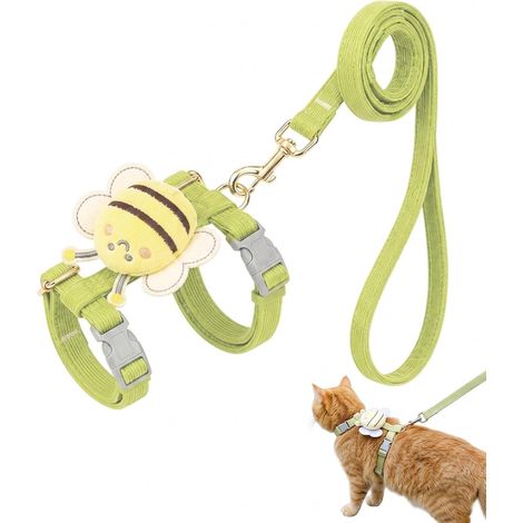 Harnais pour Chat avec Laisse Vert Taille M, Gilet Réglable Anti-Fuite pour Chaton et Lapin Kit 1 Harnais + Laisse 1,2m Doux et Respirant pour Promenade Sécurisée, Motif Abeille (1/5)