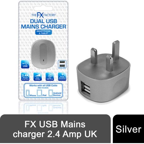FX Dual USB Mains Charger Plug (UK) For SmartPhones & Tablets - Silver (1/5)