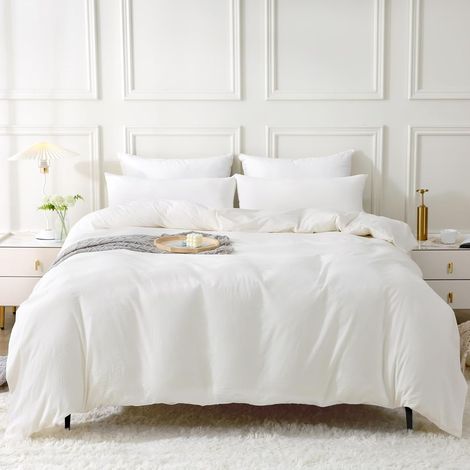 Housse de Couette 240x260 Coton, Blanc Laiteux Ensembles de Housse de Couette avec Fermeture Éclair, 100% Coton Lavé, Texture Lin, Parure de Lit 240x260 Coton avec 2 Taie d'oreiller 65x65 cm (1/5)