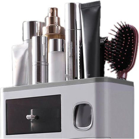 Porte-brosse à dents mural multifonction à fixation magnétique avec tiroir et distributeur de dentifrice à 2 compartiments, gris translucide (24,4 x 11,3 x 20 cm / 9,6 x 4,4 x 7,9 po)