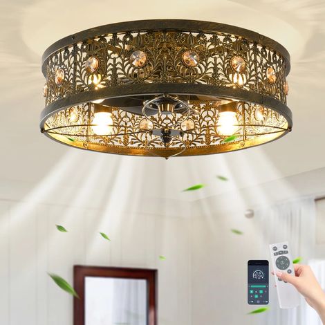Ganeed 20" Caged Ceiling Fans with Lights,Vintage Victorian Rustic Crystal Fandelier, Low Profile Flush Mount Enclosed Bladeless Ceiling Fan with Light and Remote for Living Room,Bedroom,Kitchen,Dinin