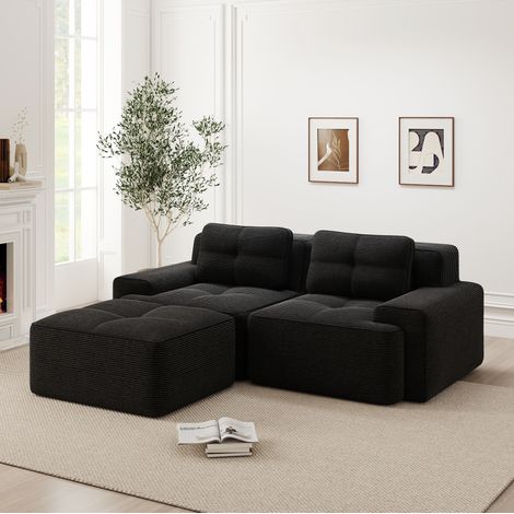 REDOM - Canapé d'angle 2 places modulable, assise profonde, dossier galbé, tissu corduroy noir (1/5)