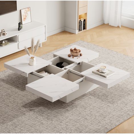Mesa de centro cuadrada 90x90x25 cm blanca, 4 cajones, efecto mármol, aglomerado MEUBLIV (1/5)