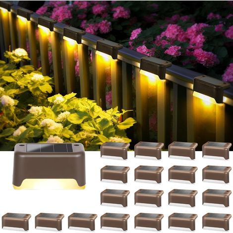 Luces solares para exteriores, paquete de 20 unidades, luces cálidas para escaleras, resistentes al agua, iluminación LED, aptas para escaleras exteriores, patios y jardines (marrón). (1/5)