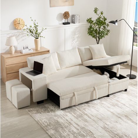 Canapé d'angle réversible 3 places – Canapé convertible avec coffre rangement et port USB– velours côtelé beige – Dimensions 231 x131,5 x84cm (1/5)