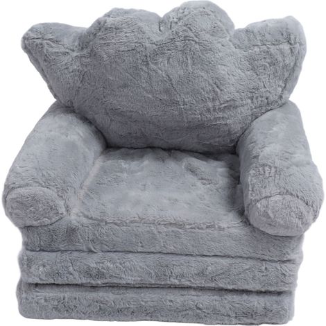 Coussin de siège couronne pliant, chaise fille princesse bébé enfants, petit canapé avec dossier poils de lapin gris 3 couches