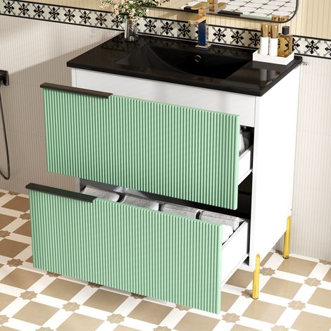 Meuble-lavabo vert avec vasque céramique, rangement vertical à tiroirs MDF pour salle de bain, organisateur debout avec cuvette inclus.