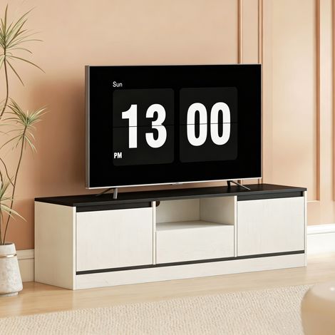 Meuble TV pour Télévision jusqu'à 60" avec 2 Armoires, 1 Étagère Ouverte, 1 Tiroir, Moderne, 140x35x40cm, Noir et Blanc (1/5)