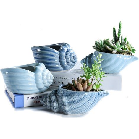 14 CM Bleu océan Conch Série de Base en céramique Set Pot Succulent Plant Cactus Plante Pot à Fleurs Conteneur Jardinière Drainage Trou Cadeau Idée 4 dans Set (1/5)