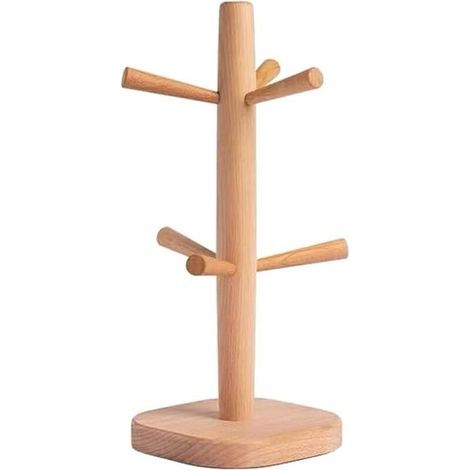 Wooden Mug Holder Tree, Coffee Mug Rack with 6 Hooks, Coffee Mug Holder for Kitchen Countertop, Tea Cup Holder, Coffee Mug Dryer