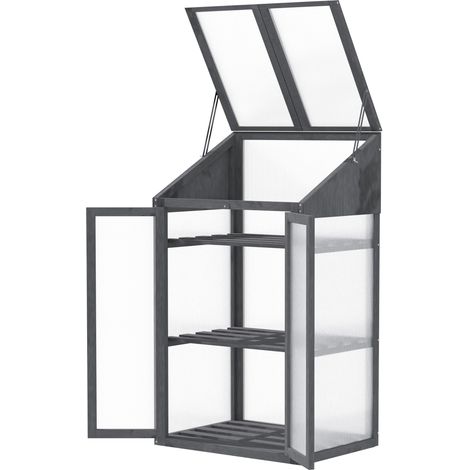 Mini-serre en bois avec cadre, fenêtre et double porte, 3 étagères, 70 x 50 x 120 cm, gris (1/5)