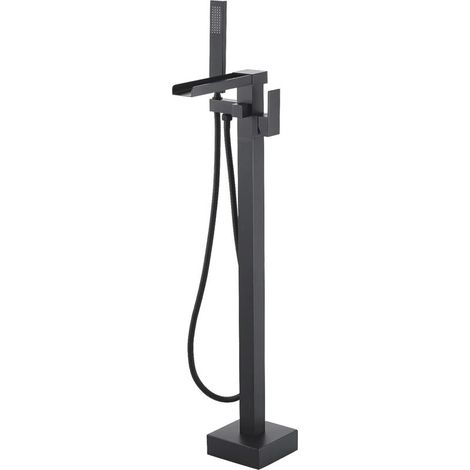 Robinet de baignoire autoportant cascade noir, laiton, Robinet de baignoire autoportant, mitigeur monocommande avec douchette, robinet de baignoire noir (raccordement enterré)