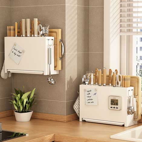 Porte-couteaux de cuisine avec égouttoir intégré pour baguettes et planche à découper, organisateur blanc (1/5)