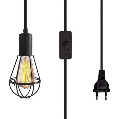 Lustre Corde Rétro avec Prise, kit Suspension Luminaire Industrielle, Lampe Suspendue Cuisine avec Abat-jour en Métal, Douille E27 avec Interrupteur et 6M Cable, DIY Lampe pour Salon Chambre Bar (1/5)