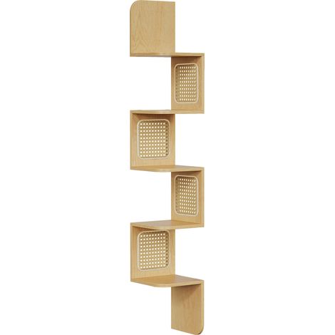 Vasagle – Étagère murale d’angle flottante 5 niveaux – Côtés en rotin PVC – Dimensions 20 x 20 x 126 cm – Charge maximale 15 kg – Style boho chêne beige (1/5)