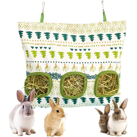 Hanging Hay Bag, Rabbit Hay Rack, Hay Net, Hay Accessory, Food Station for Guinea Pig, Chinchilla, Rabbit, Hamster and Other Small Animals, 3 Holes (1/5)