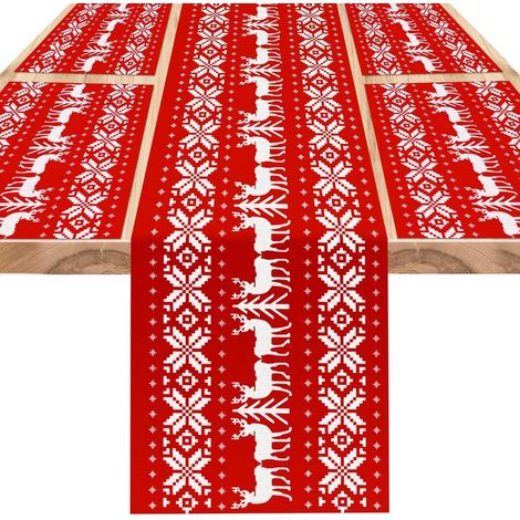 Chemins de table et sets de table de Noël avec motif d'élan, Rouge, Lot de 5