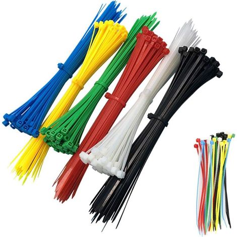 Bridas para cables, 300 mm x 4 mm, bridas de nailon de alta calidad en seis colores: rojo, amarillo, azul, verde, negro y blanco. 100 bridas de cada color. (1/5)
