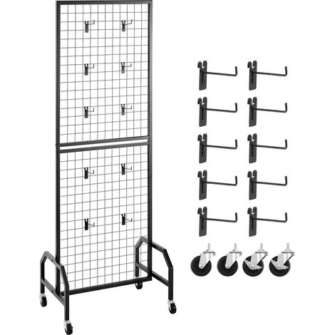 Panneau mural grillagé 600x1640 mm, présentoir mobile avec roues et 10 crochets, acier carbone noir, pour expositions, décoration, rangement et tableau d'affichage. (1/5)