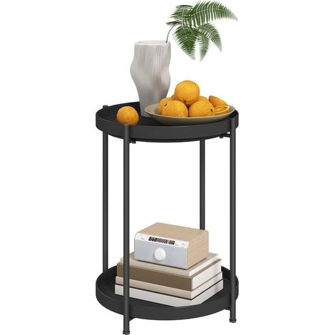 Table of auxiliary round with shelf, table low to 2 levels for living room, bedroom, small spaces, metal, black (1/5)