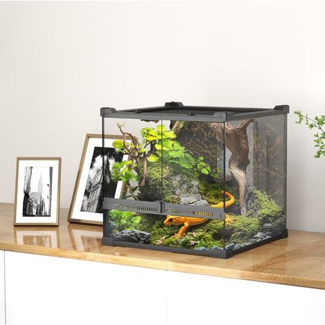 Terrario de vidrio para reptiles 30 x 30 x 30 cm negro con base elevada DESVIAE (1/5)