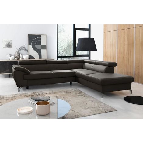 Canapé d'angle convertible en cuir italien de luxe 5/6 places FINLANDE avec coffre, chocolat, angle droit (1/5)