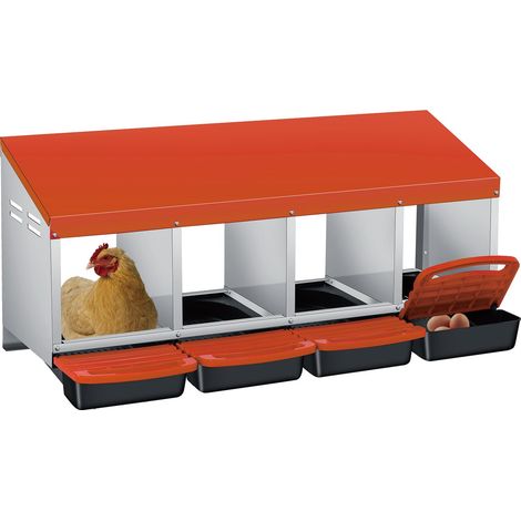 Pondoir Poules Pondeuses 4 Compartiments, Pondoir pour Poules Nichoirs avec perchoir et Quatre bacs de recyclage des œufs, Antirouille, Étanche, Ventilé, Orange (1/4)