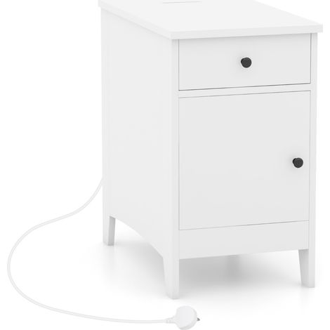 Tavolino laterale con stazione di ricarica cassetto, Tavolino di stoccaggio con porte USB e prese per soggiorno Bianco (1/4)