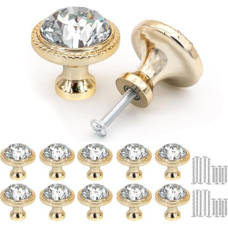 Lot de 10 boutons de meuble vintage et chic en cristal - 32 mm - Pour armoires, meubles, armoires de cuisine, armoire - Doré (1/5)