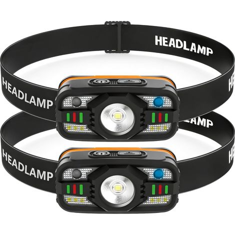 Lot de 2 lampes frontales LED rechargeables - 900 lumens - Capteur super lumineux - Avec lumière rouge - 11 modes d'éclairage - IPX5 - Étanche - Parfait pour le jogging, le camping, la pêche (1/5)