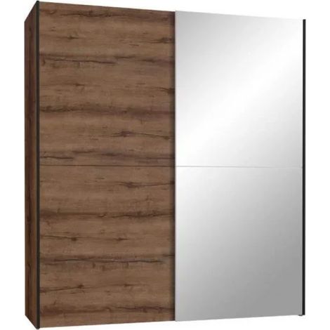 Armoire 2 portes coulissantes 5 tablettes décor chêne miroir - JEIK (1/5)