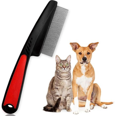 Peigne anti-puces pour chiens et chats, peigne à poils avec manche en caoutchouc, brosse de toilettage en acier inoxydable pour éliminer les taches de larmes, les puces, les pellicules et les poux (ro (1/5)