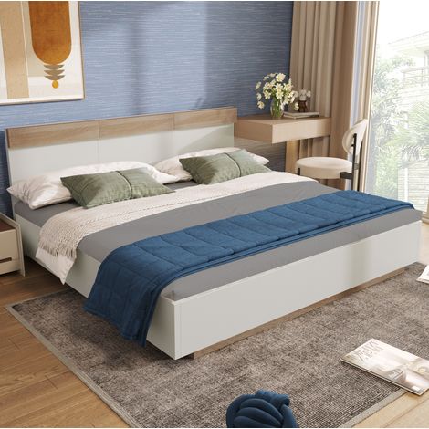 DESVIAE Lit double suspendu avec tête de lit et sommier à lattes bois blanc et décor chêne sonoma 180 x 200 cm hauteur confort style moderne (1/5)