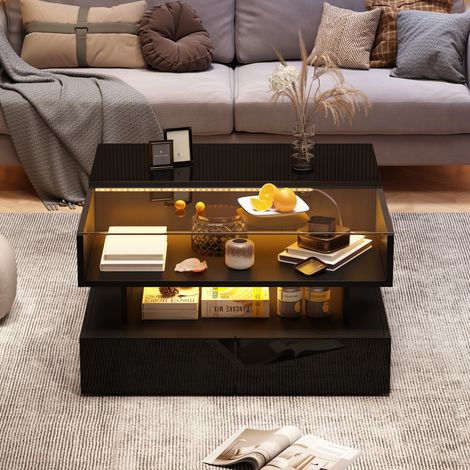 Couchtisch Höhenverstellbar Wohnzimmertisch Schwarz Hochglanz Sofatisch mit LED Beleuchtung 80x80 cm (1/5)