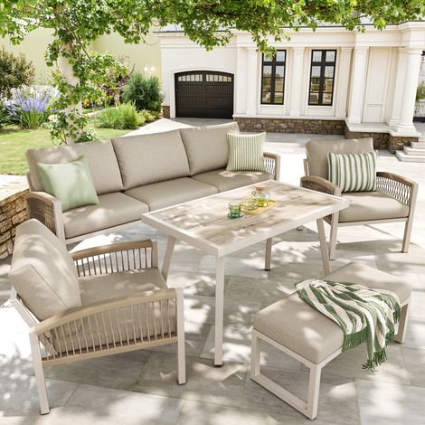 Ensemble Salon de Jardin 8 Places en Fer avec Canapé 3 Places, 2 Fauteuils avec Accoudoirs Tressés, Banc et Table, Beige (1/5)