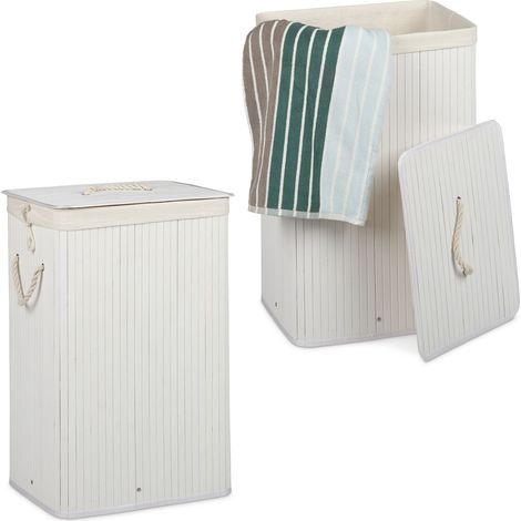 2x Cesti Porta-Biancheria, Bambù, Pieghevole, Rettangolare, 83 L, HxLxP: 65,5 x 43,5 x 33,5 cm, Bianco (1/5)