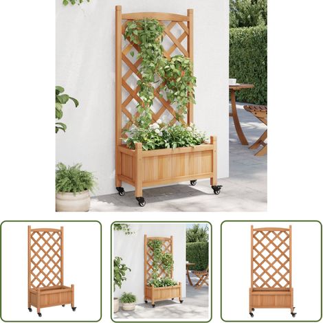 The Living Store Jardinière avec treillis et roues marron bois massif de sapin - Jardinierre Extérieure - Jardinière Bois - Pot Plante Grimpante - Pot Fleuri - Bac Plantation (1/5)