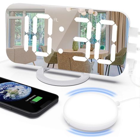 Réveil lumineux avec alarme vibrante, veilleuse miroir et fonction snooze, convient aux personnes au sommeil profond et aux adultes sourds, fonction snooze avec atténuation automatique, disponible en (1/5)