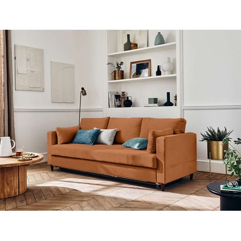 Anna – 3-sitzer sofa – mit schlaffunktion und tasche – aus samt - rostfarben