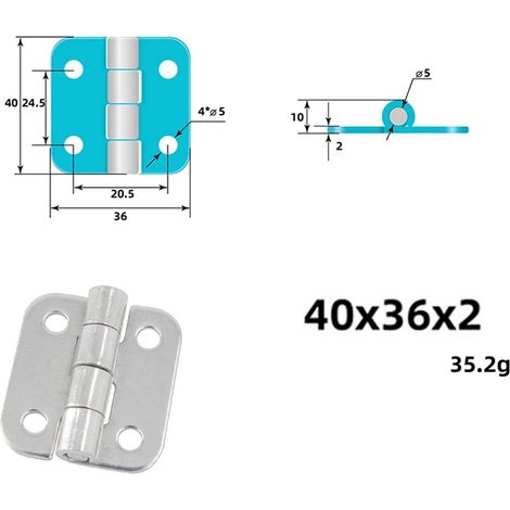 Charnière (40 x 36 x 2) en acier inoxydable 304, renforcée, pour équipements mécaniques, robuste et industrielle, à plaque rabattable. (1/5)